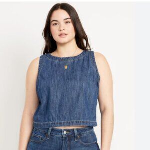 OLD NAVY: Womens Denim High- Neck Button-Back Top: Size LARGE